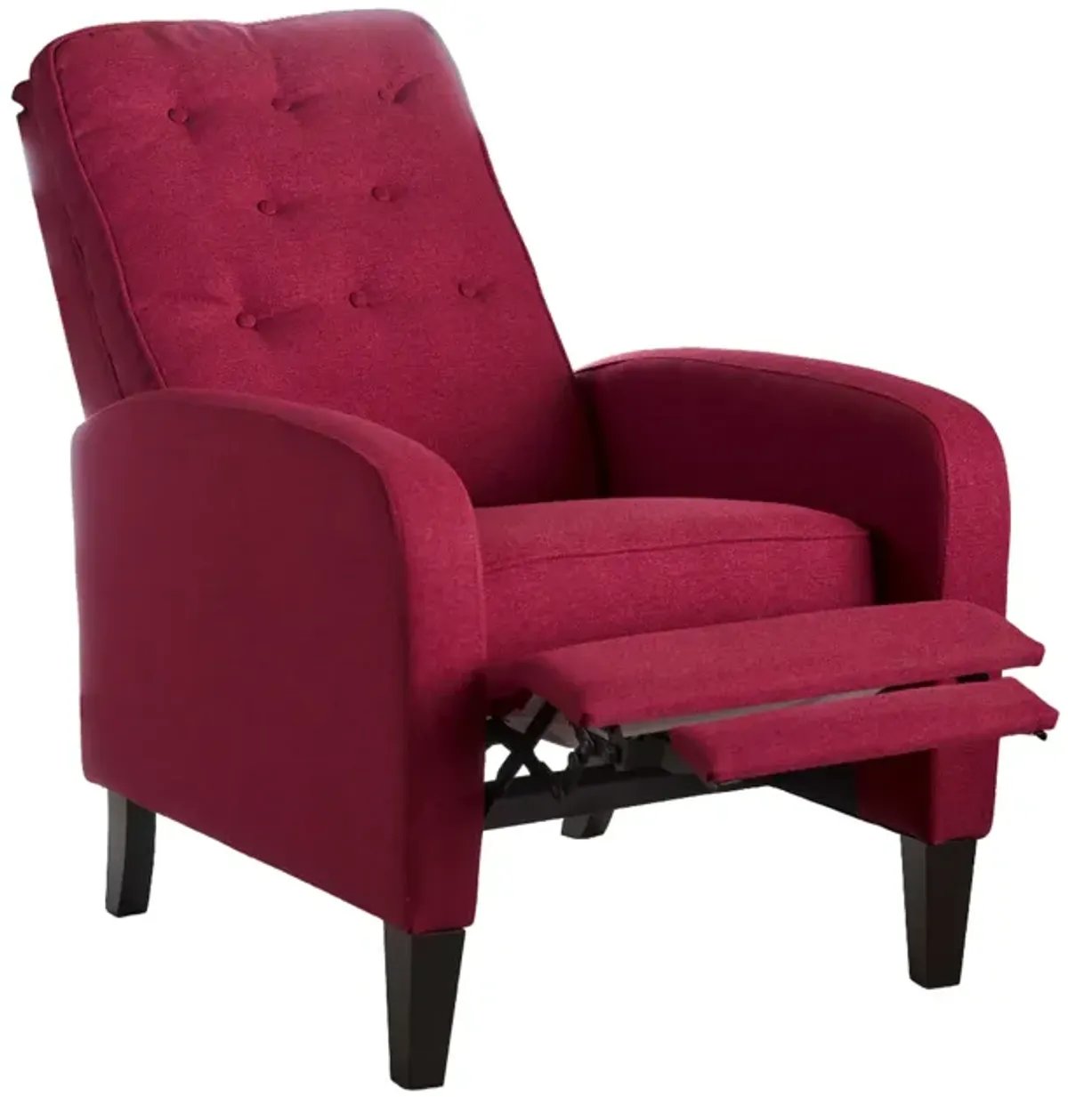 Push Back Recliner Chair, Birch Wood Legs, Red Button Tufted Polyester - Benzara