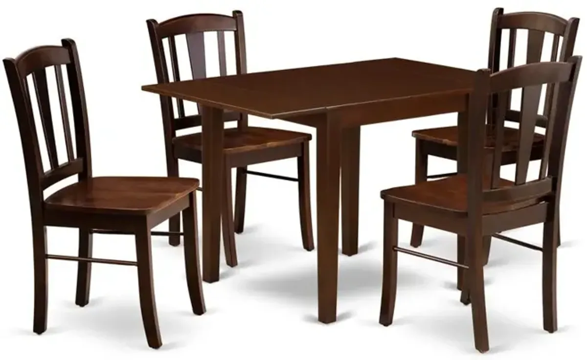 NDDL5-MAH-W - 5-Piece Kitchen Dining Room Set- 4 Mid Century Chair with Wooden Seat and Slatted Chair Back - Dropleafs Rectangular Table - Mahogany Finish