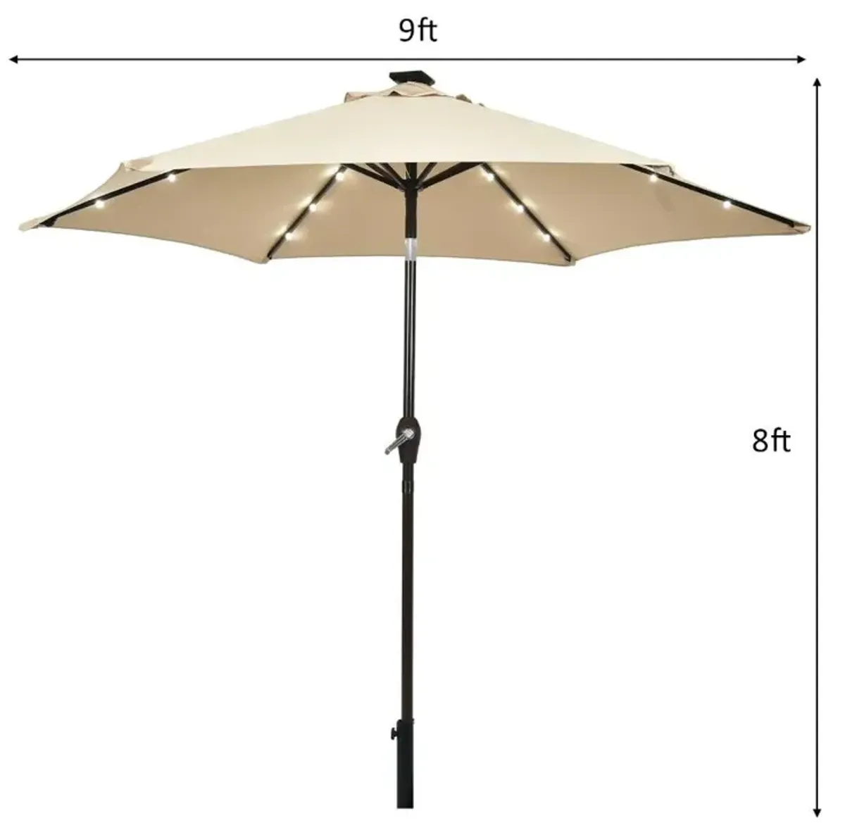 9 Feet Solar LED Lighted Patio Market Umbrella Tilt Adjustment Crank Lift