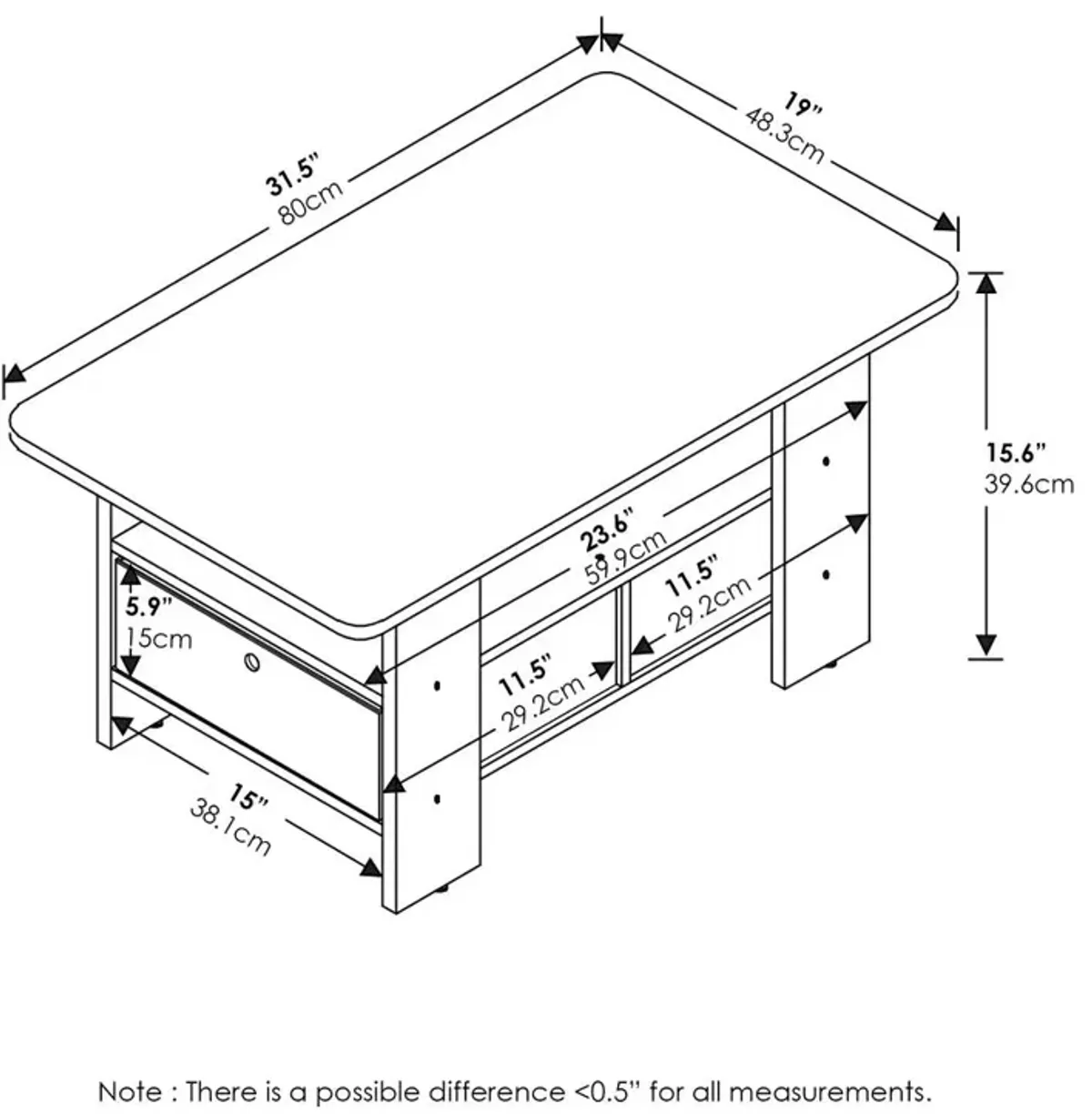 Furinno Andrey Coffee Table with Bin Drawer, Amber Pine/Black