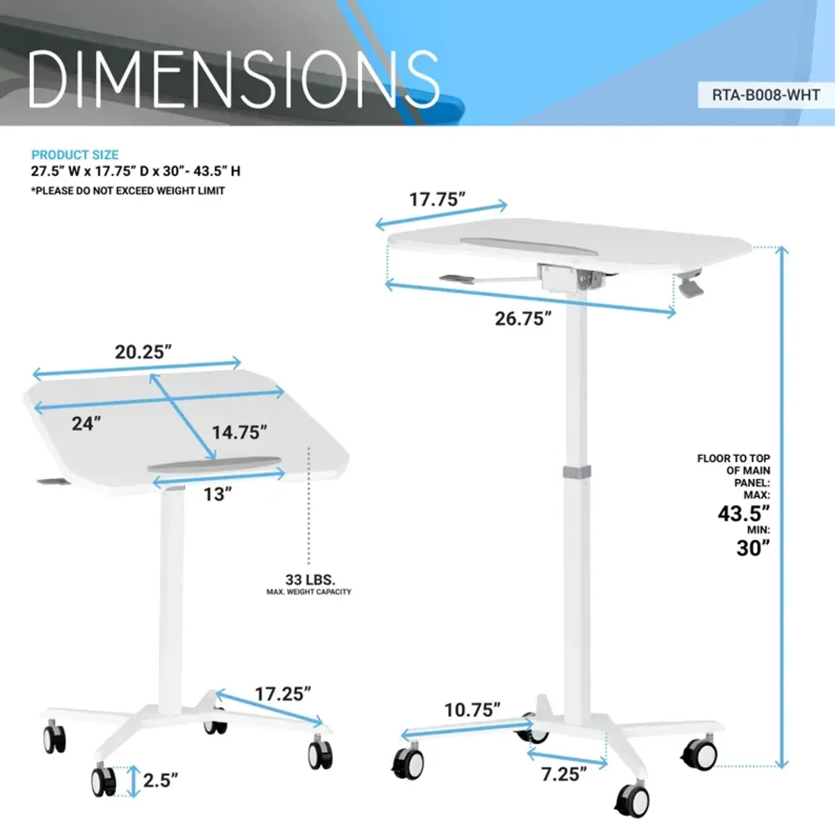 White Sit to Stand Mobile Laptop Computer Stand with Height Adjustable and Tiltable Table Top