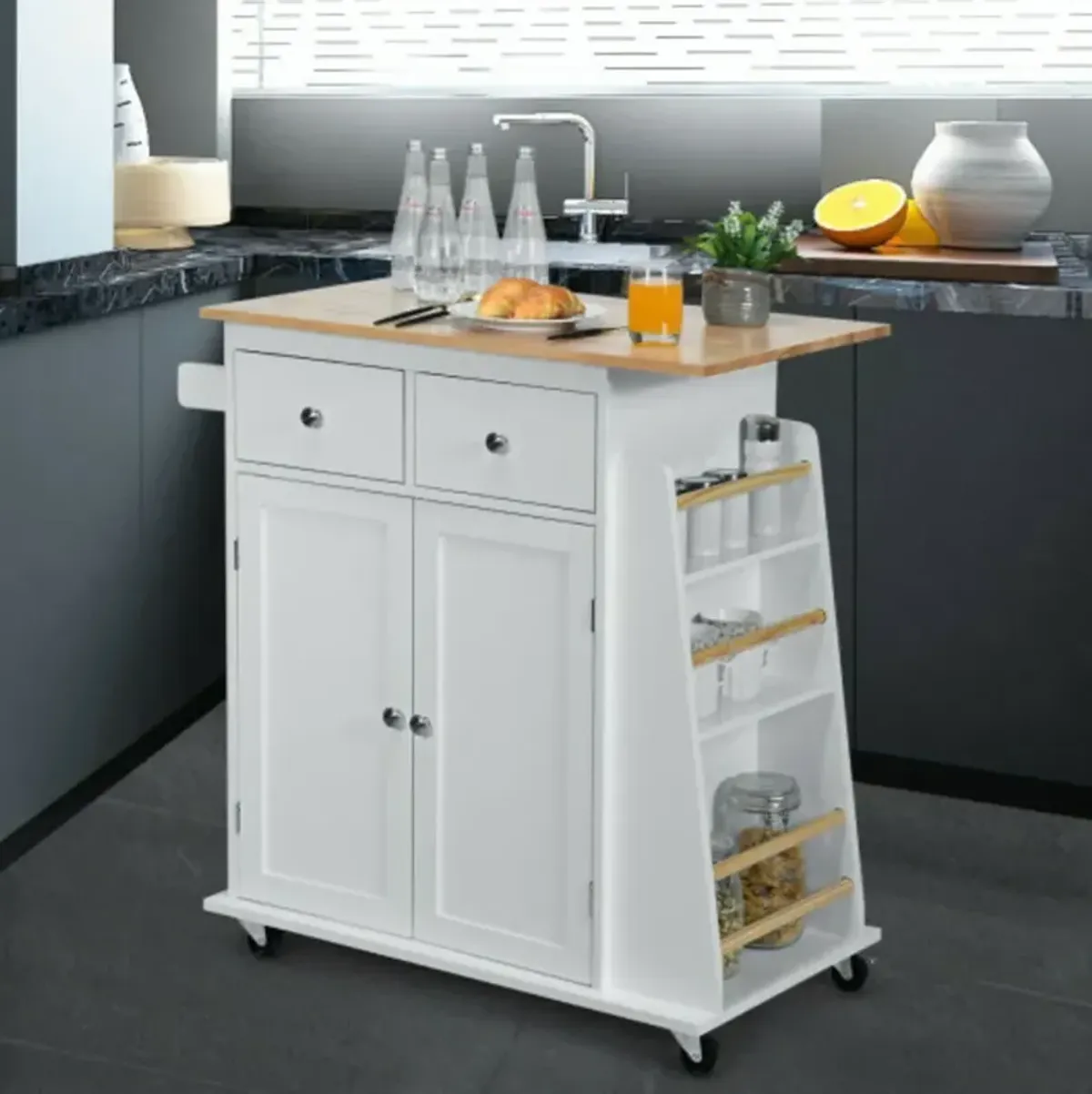 Rubber Wood Countertop Rolling Kitchen Island Cart