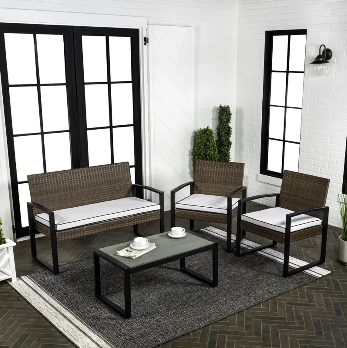 Elina 4-Piece Modern Coastal Faux Wicker Conversation Outdoor Patio Set