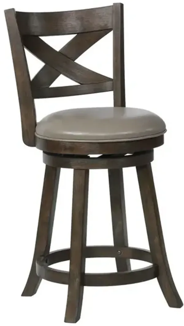 Curved Back Swivel Pub stool with Leatherette Seat,Set of 2, Gray and Brown - Benzara