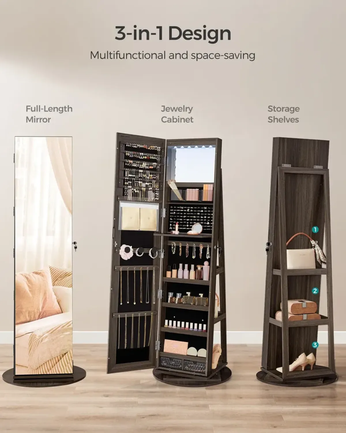 360° Swivel Lockable Jewelry Armoire with 6 LEDs, Frameless Full-Length Mirror, and 3 Storage Shelves