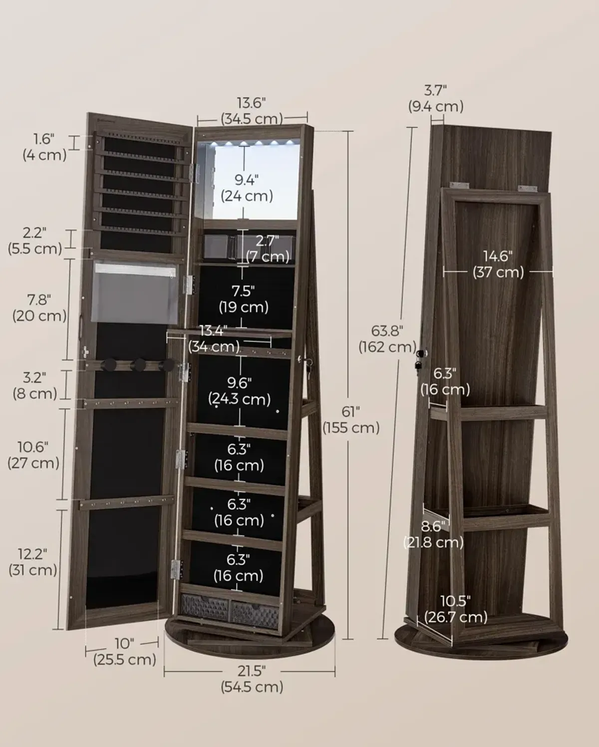 360° Swivel Lockable Jewelry Armoire with 6 LEDs, Frameless Full-Length Mirror, and 3 Storage Shelves