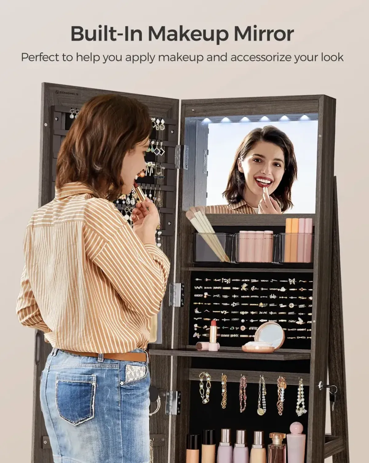 360° Swivel Lockable Jewelry Armoire with 6 LEDs, Frameless Full-Length Mirror, and 3 Storage Shelves