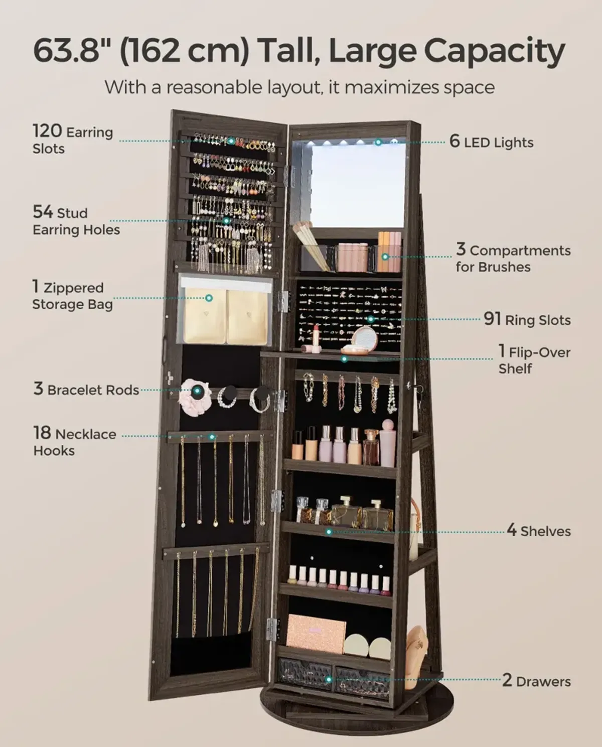 360° Swivel Lockable Jewelry Armoire with 6 LEDs, Frameless Full-Length Mirror, and 3 Storage Shelves