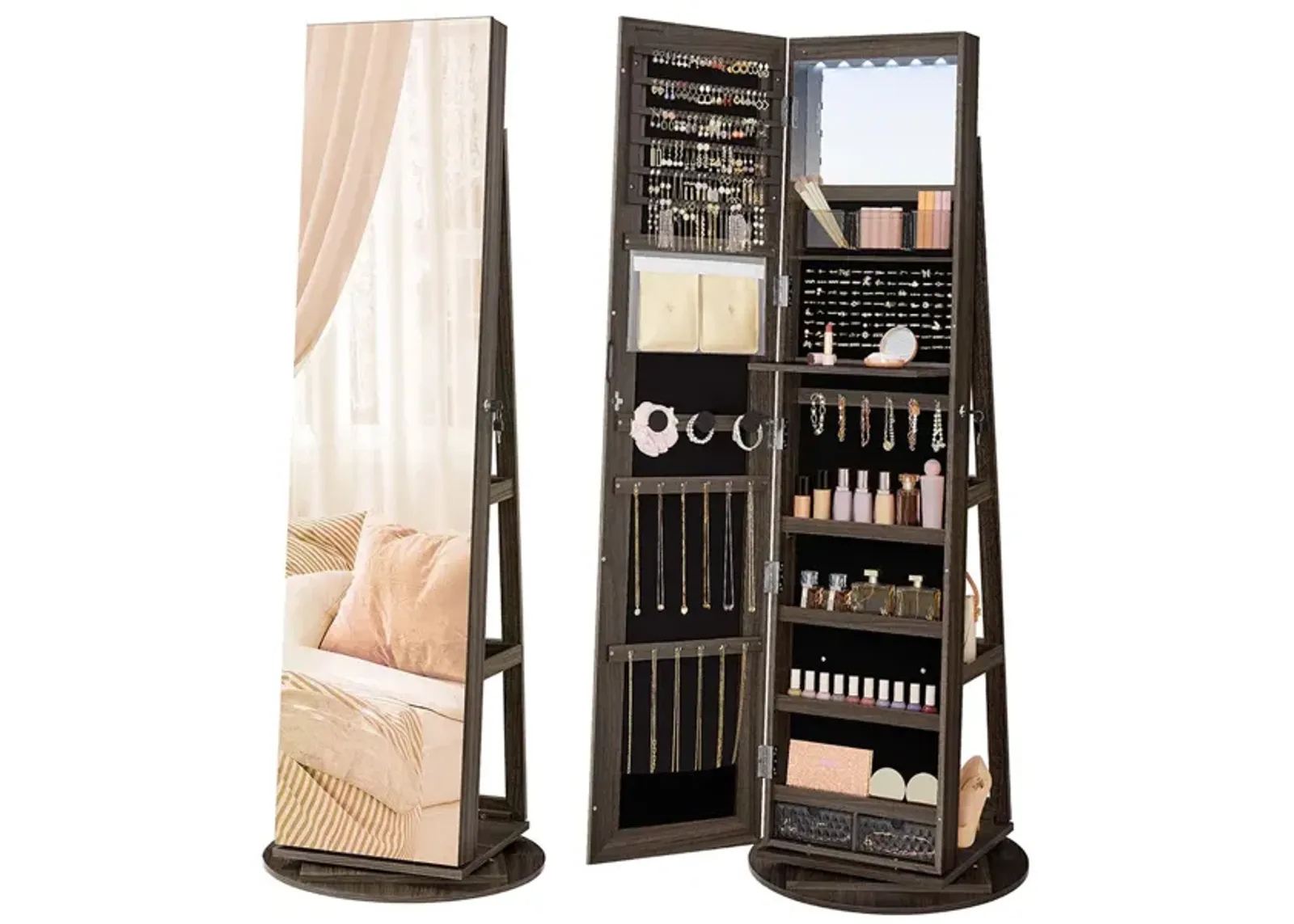 360° Swivel Lockable Jewelry Armoire with 6 LEDs, Frameless Full-Length Mirror, and 3 Storage Shelves