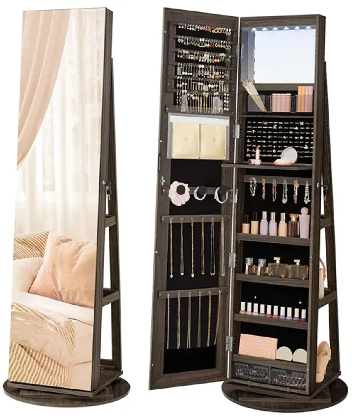 360° Swivel Lockable Jewelry Armoire with 6 LEDs, Frameless Full-Length Mirror, and 3 Storage Shelves