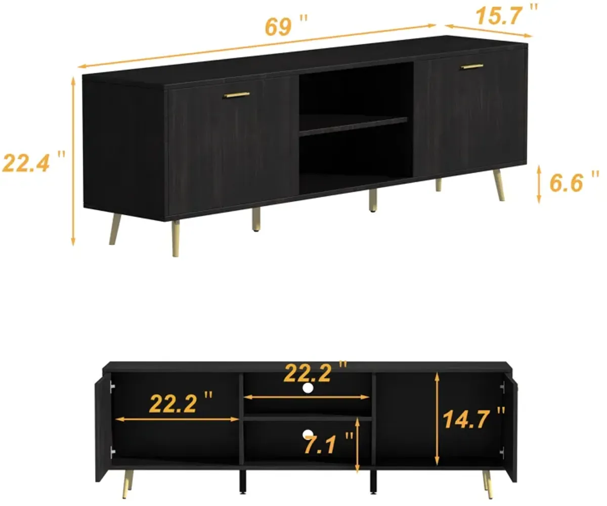 69 in. W Black Wood TV Stand Console Entertainment Center for TV up to 75 in.