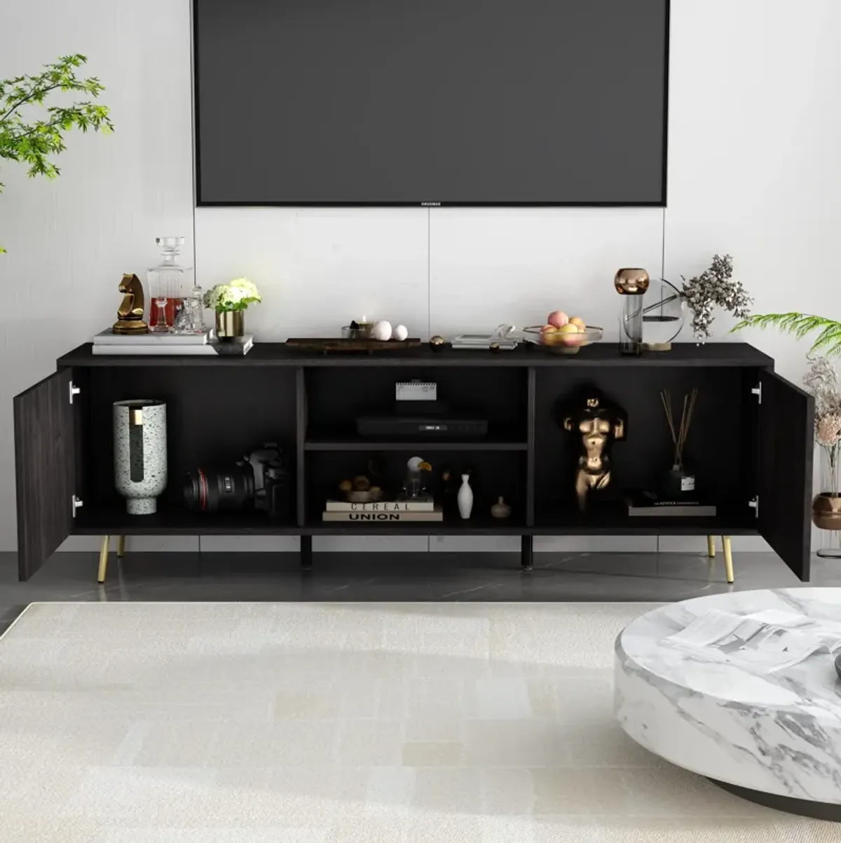 69 in. W Black Wood TV Stand Console Entertainment Center for TV up to 75 in.