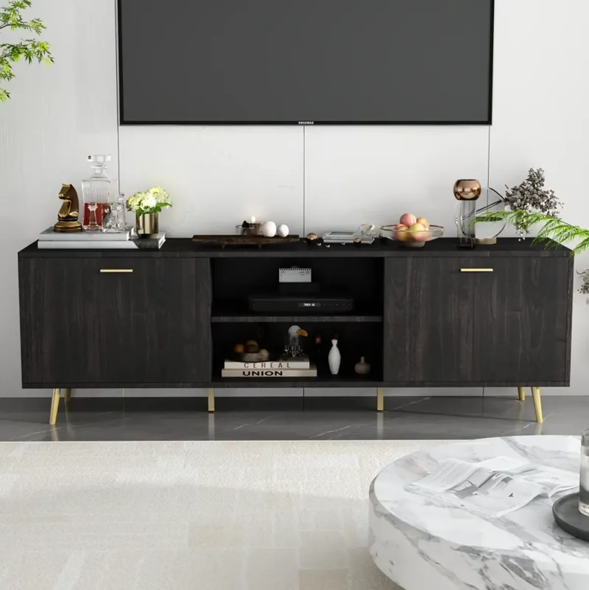 69 in. W Black Wood TV Stand Console Entertainment Center for TV up to 75 in.