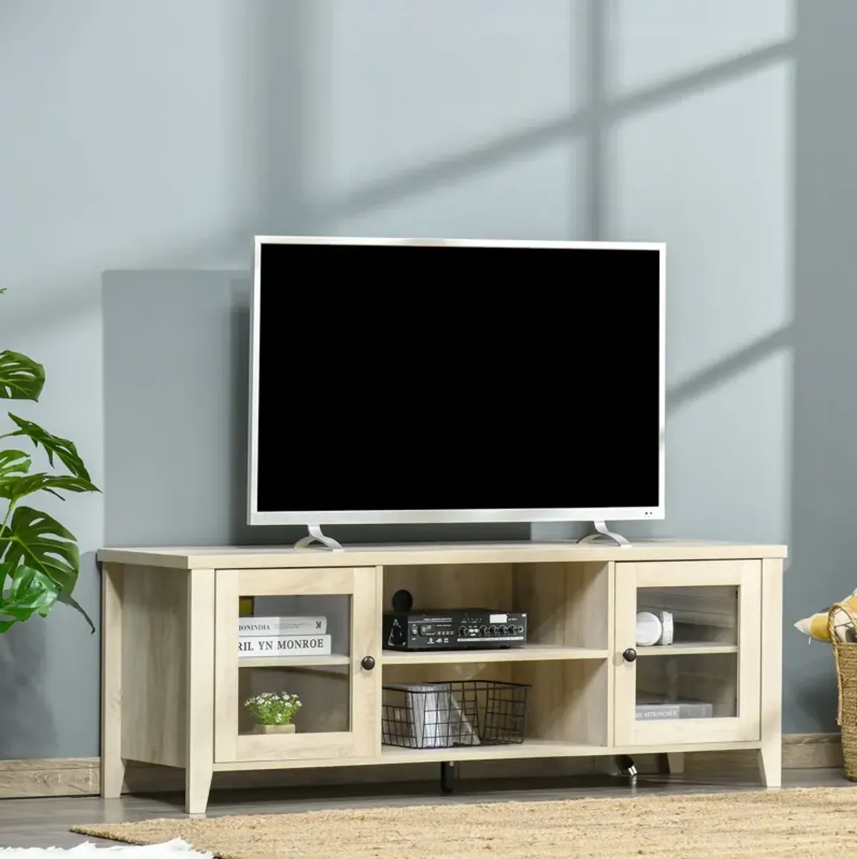 Oak TV Console: Modern Stand with Shelves for 60" Flatscreens