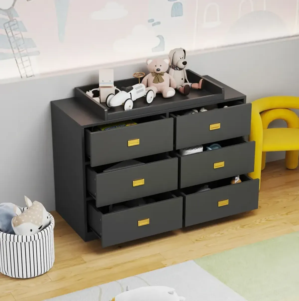 6-Drawer Gray Wood Kids Dresser Chest of Drawers Dresser Storage Organizer Cabinet 30.1 in. H x 45.1 in. W x 18.9 in. D