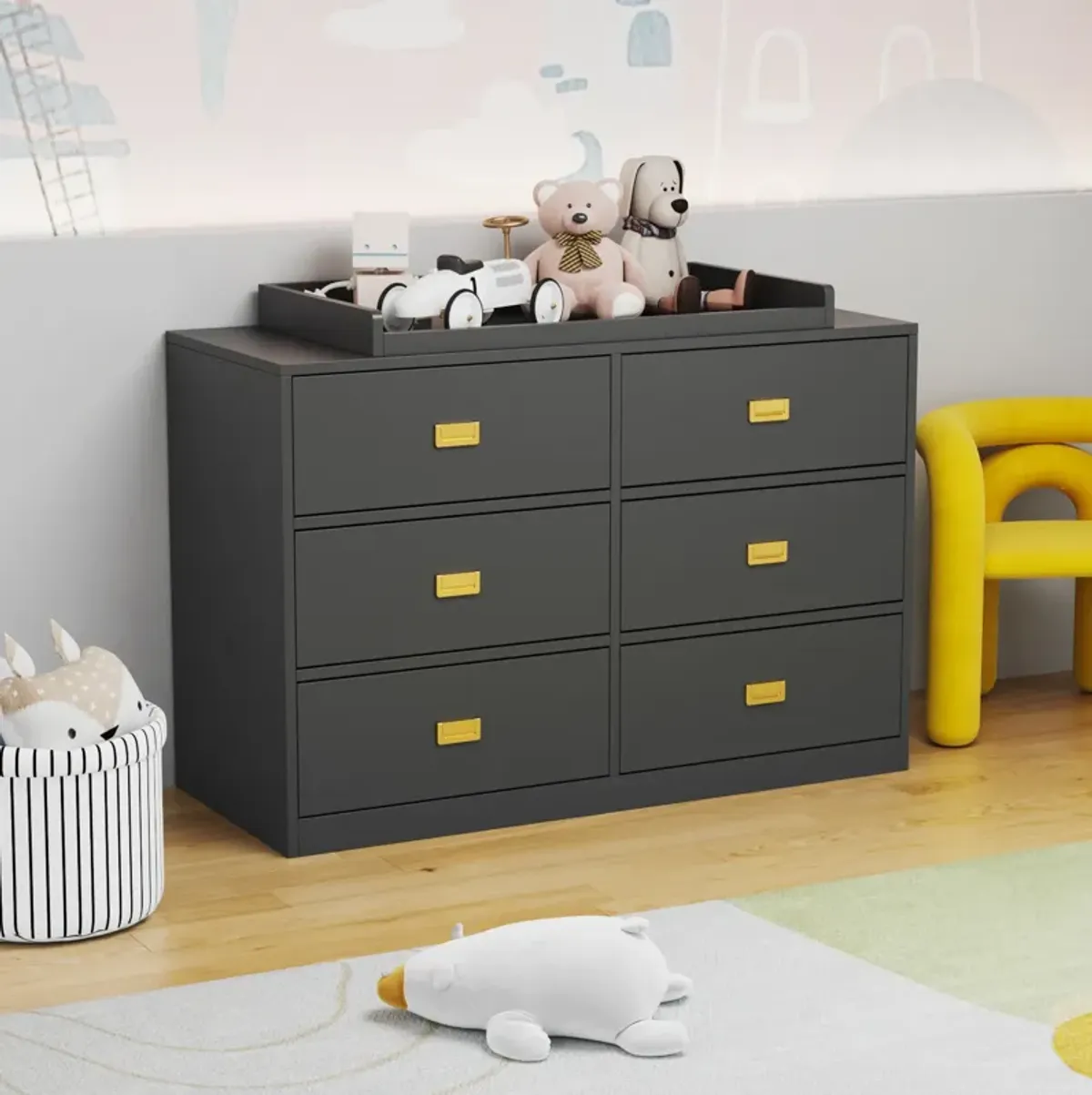 6-Drawer Gray Wood Kids Dresser Chest of Drawers Dresser Storage Organizer Cabinet 30.1 in. H x 45.1 in. W x 18.9 in. D