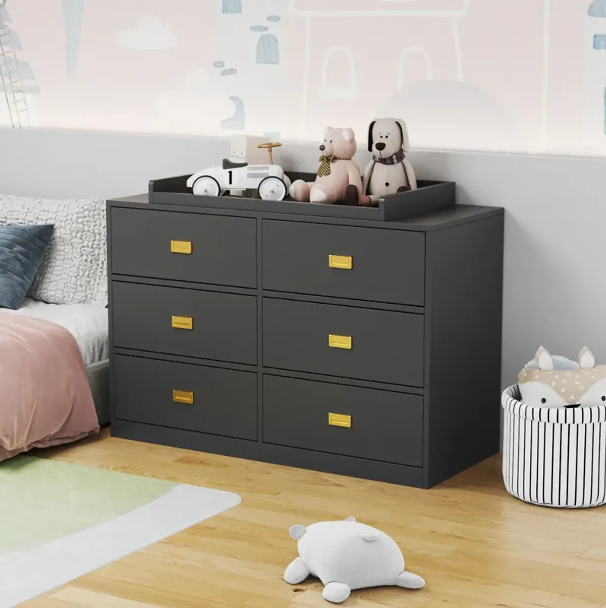 6-Drawer Gray Wood Kids Dresser Chest of Drawers Dresser Storage Organizer Cabinet 30.1 in. H x 45.1 in. W x 18.9 in. D