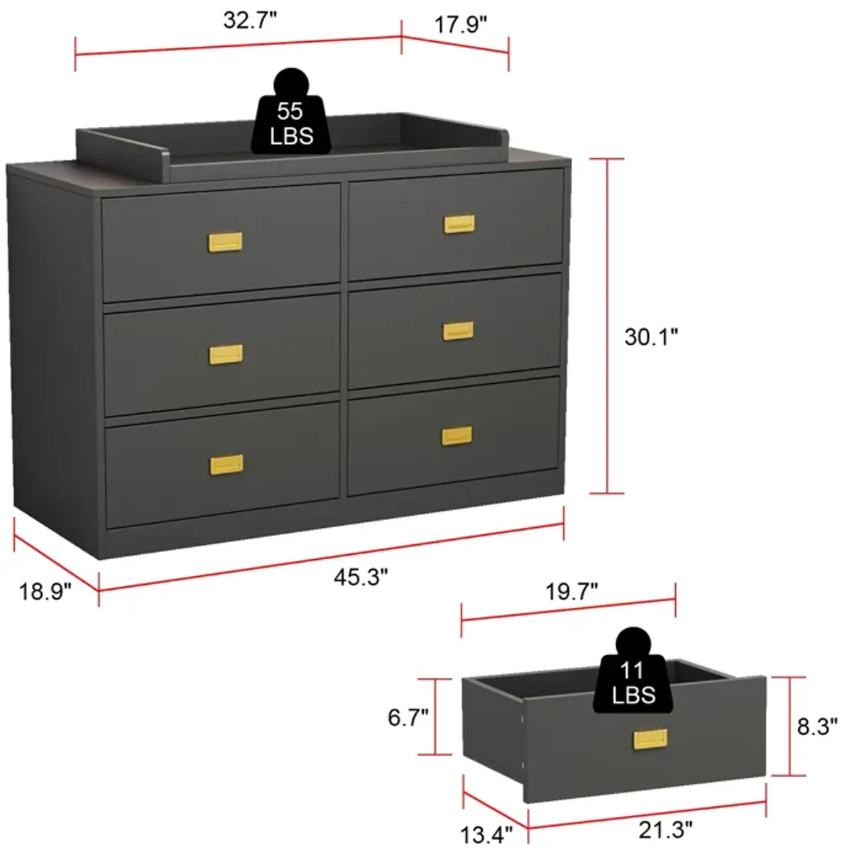 6-Drawer Gray Wood Kids Dresser Chest of Drawers Dresser Storage Organizer Cabinet 30.1 in. H x 45.1 in. W x 18.9 in. D