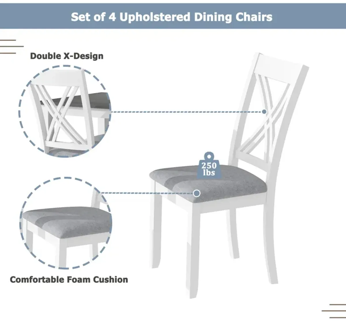 Rustic Minimalist Wood 5-Piece Dining Table Set With 4 Xback Chairs For Small Places