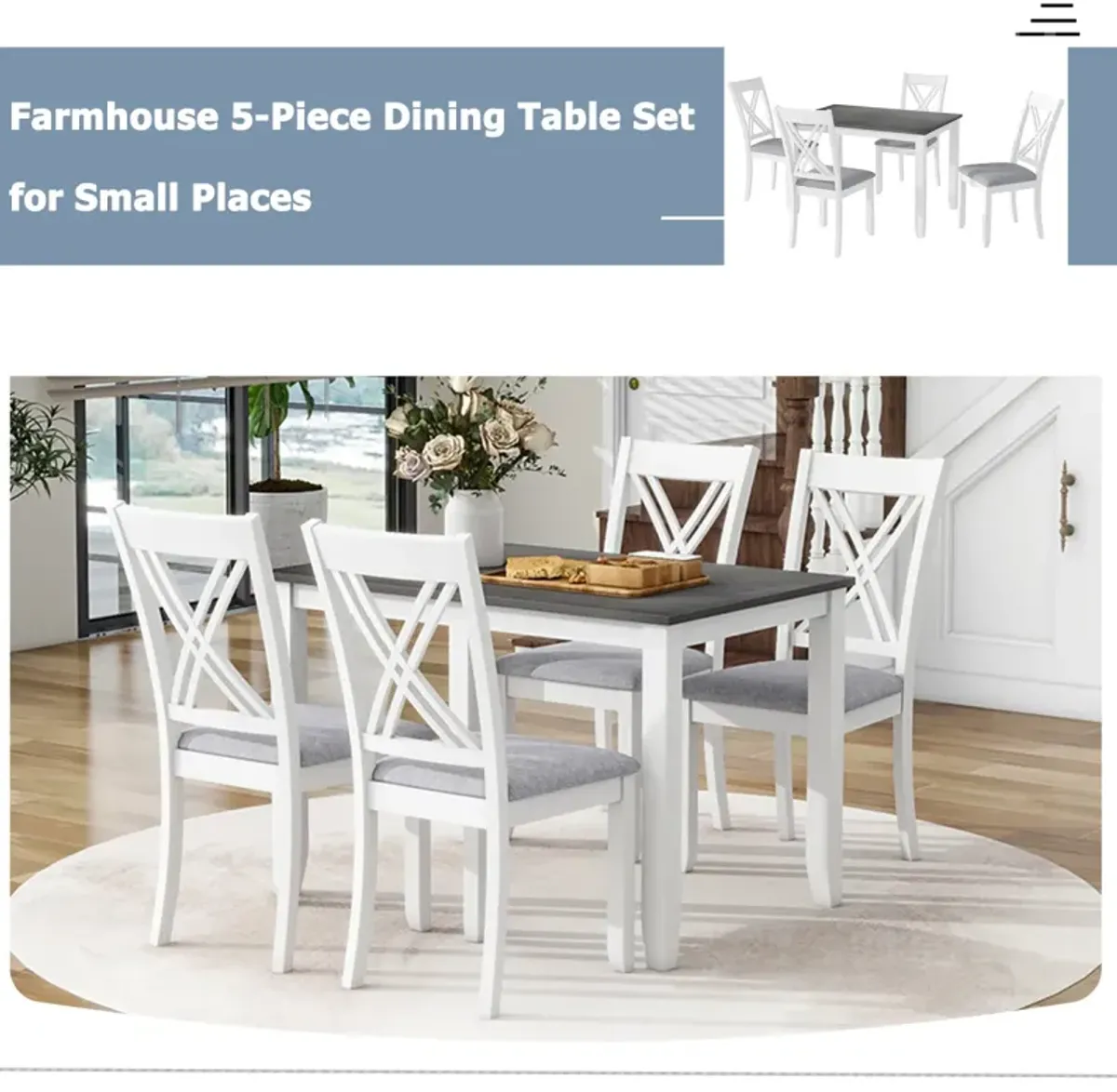 Rustic Minimalist Wood 5-Piece Dining Table Set With 4 Xback Chairs For Small Places