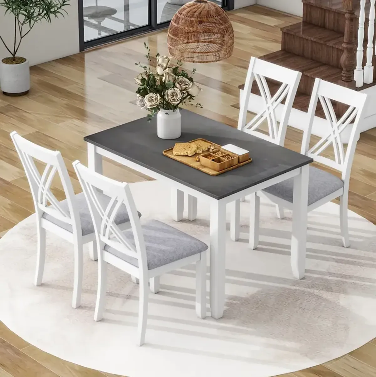 Rustic Minimalist Wood 5-Piece Dining Table Set With 4 Xback Chairs For Small Places