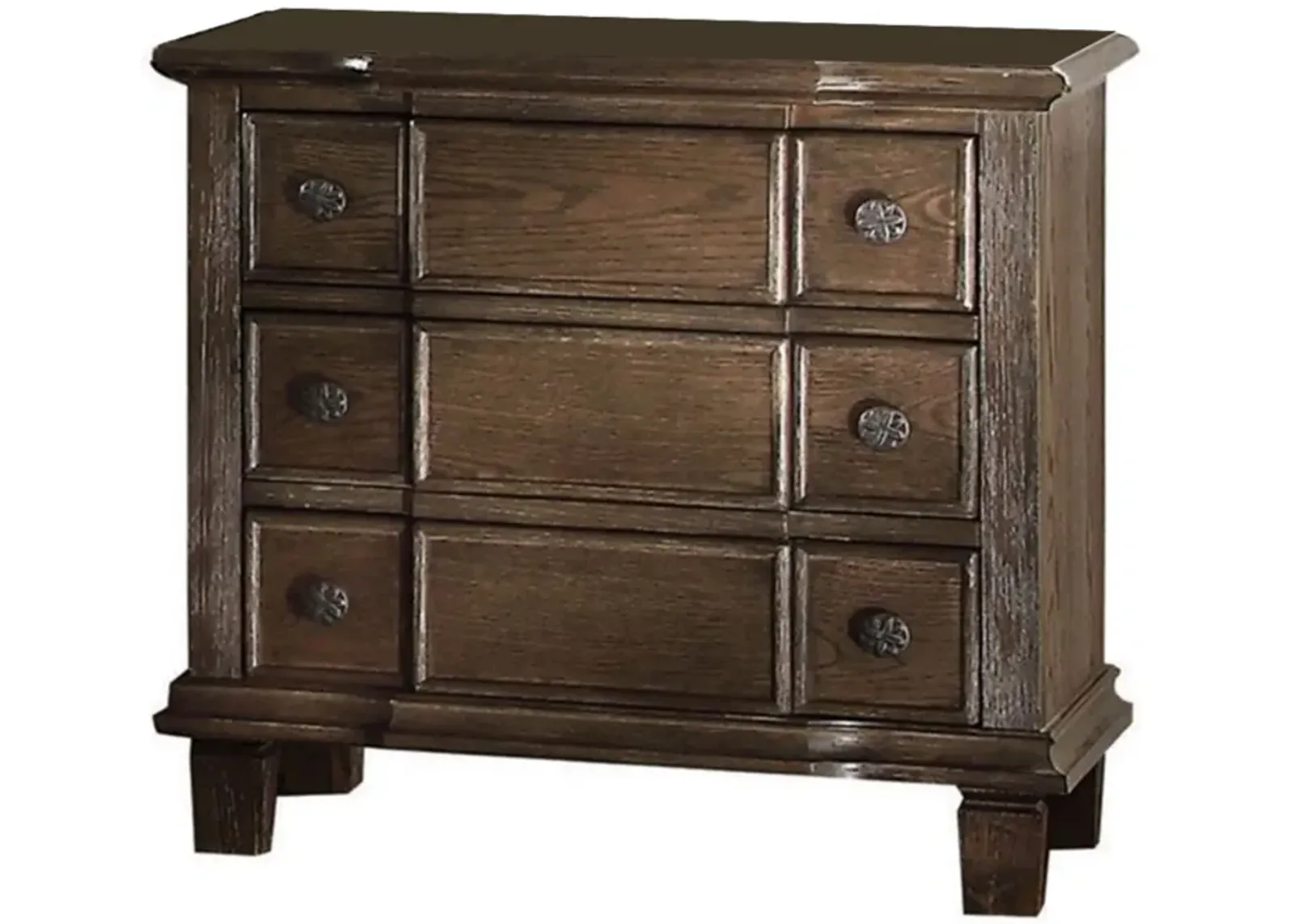 Three Drawer Nightstand With Round Knobs Side Metal Glide In Weathered Oak Finish-Benzara