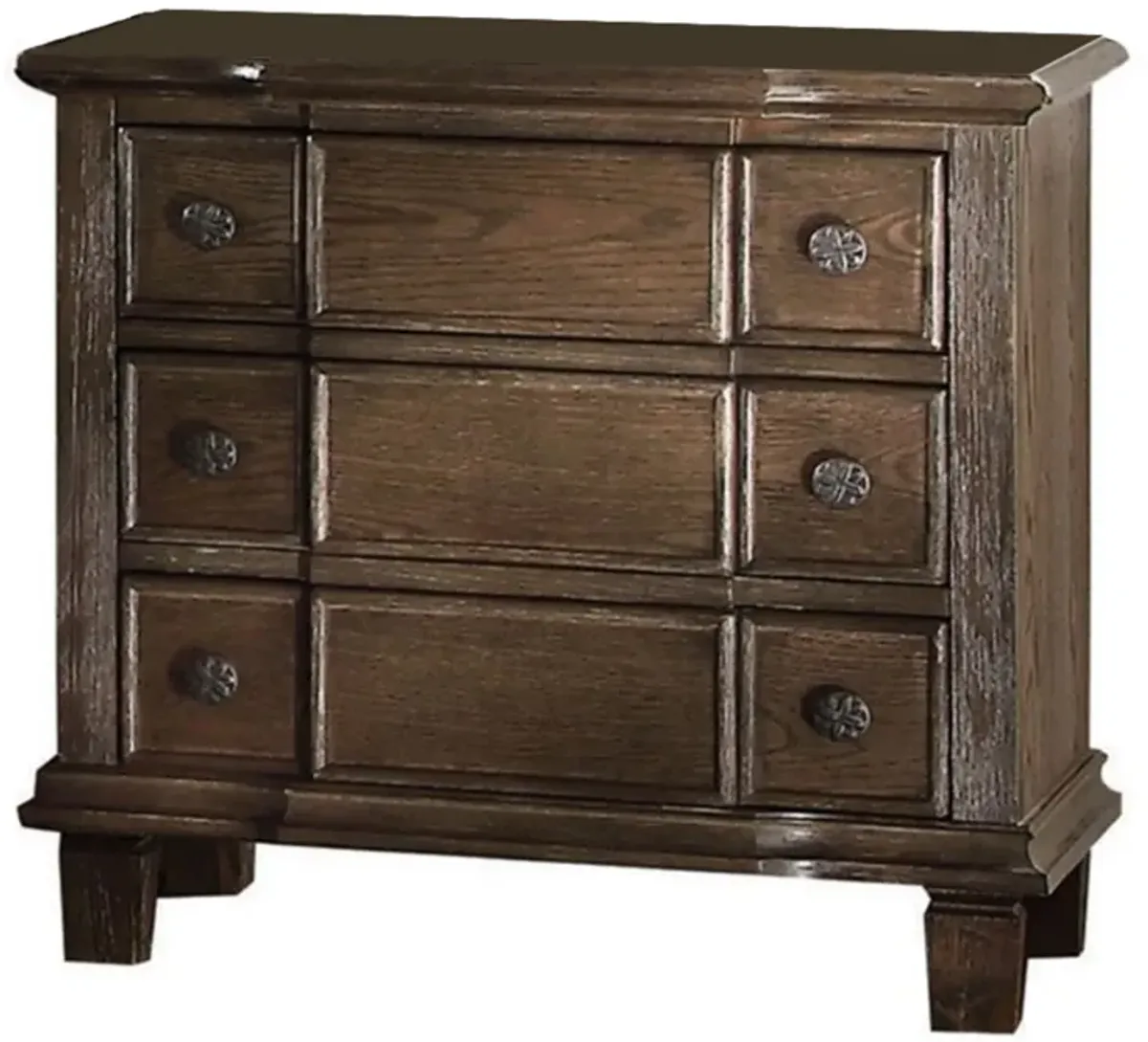 Three Drawer Nightstand With Round Knobs Side Metal Glide In Weathered Oak Finish-Benzara