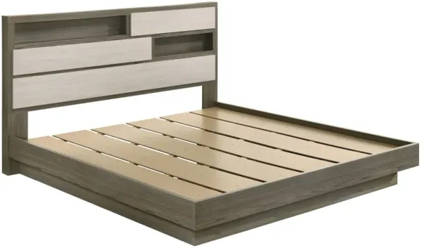 Fene King Size Bed, Bookcase Headboard, Wood Gray, Hidden Storage - Benzara