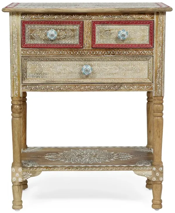 Side End Table with 2 Drawers, 1 Shelf, 24 Inch Natural Mango Wood - Benzara