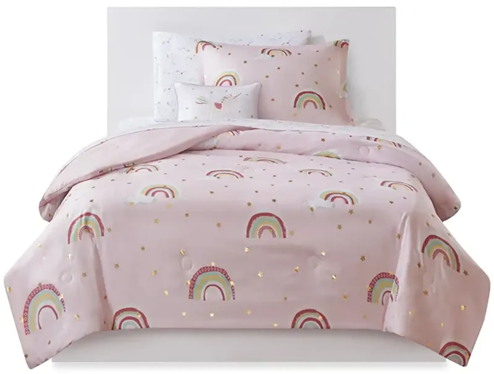 Gracie Mills Thyme Rainbow and Metallic Stars Comforter Set with Coordinating Bed Sheets