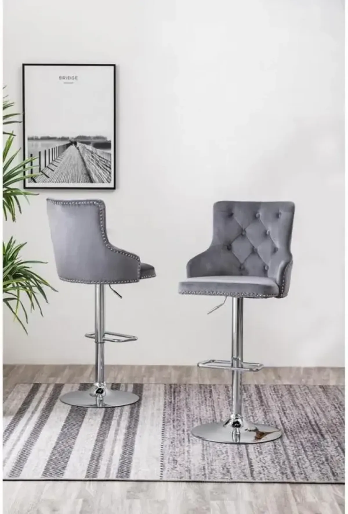 Tufted Velvet Upholstered Adjustable Bar Stool in Dark Grey, Set of 2, Dark Grey