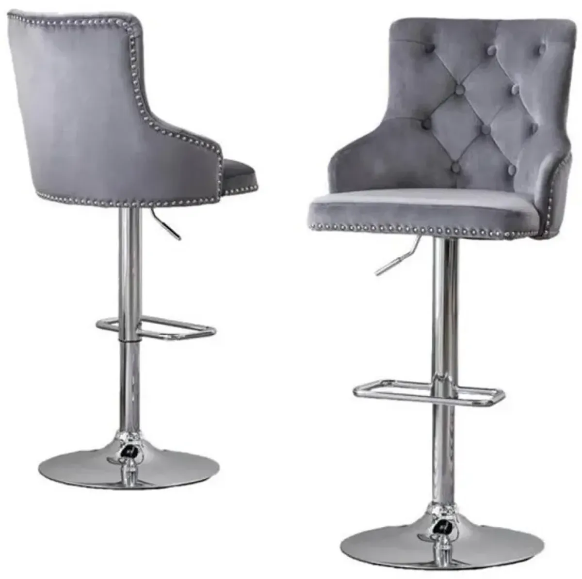 Tufted Velvet Upholstered Adjustable Bar Stool in Dark Grey, Set of 2, Dark Grey