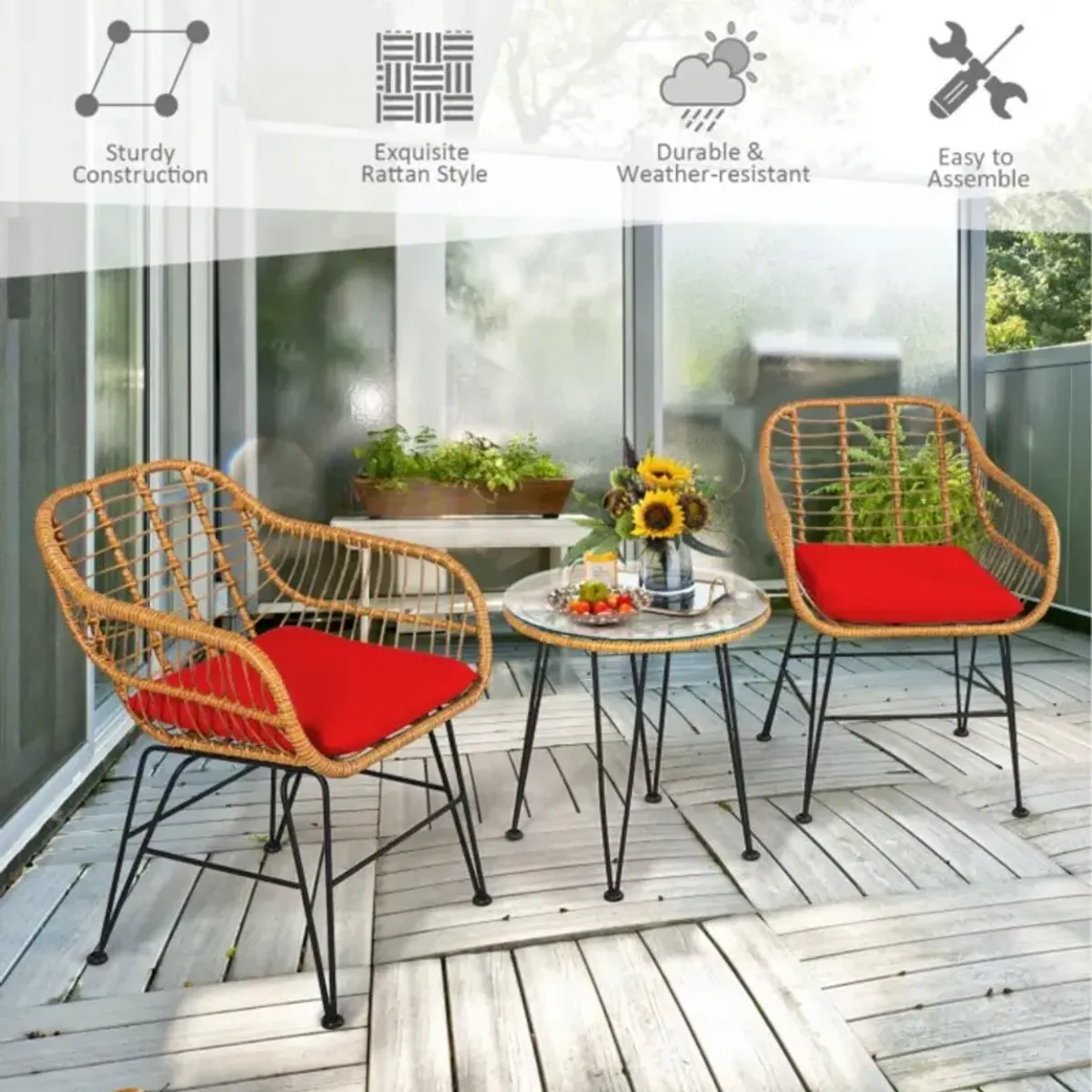 Hivvago 3 Pieces Rattan Furniture Set with Cushioned Chair Table