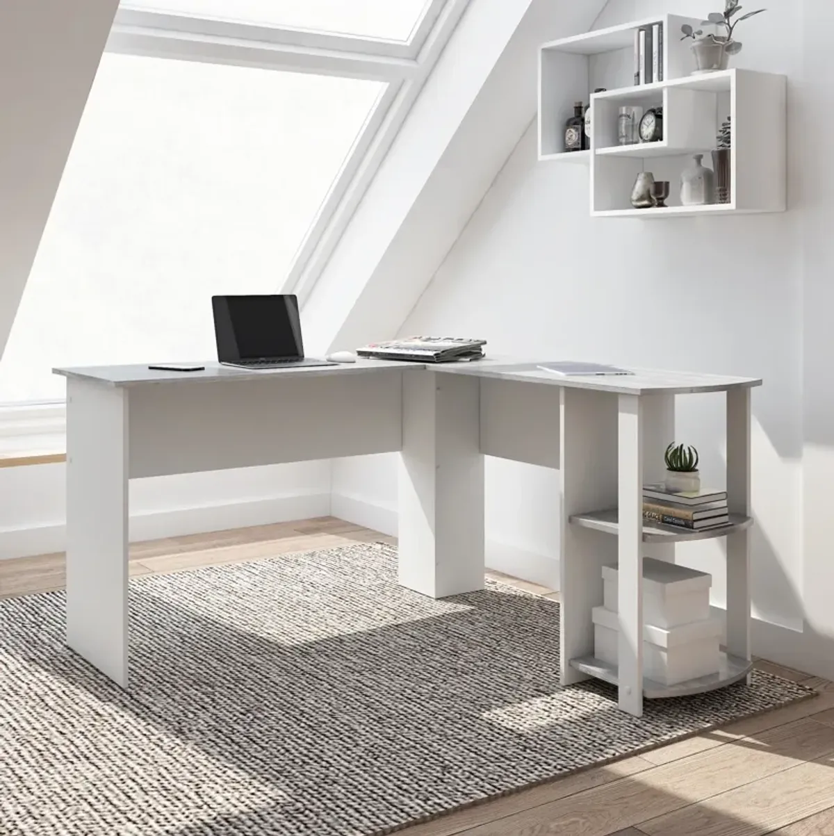 Modern L-Shaped Desk with Side Shelves, Grey