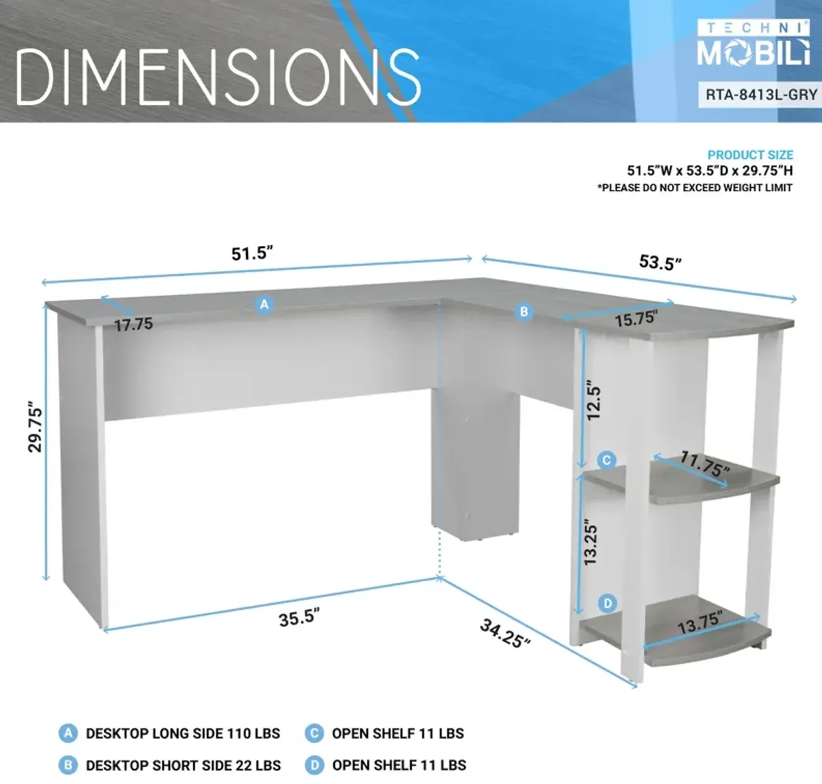 Modern L-Shaped Desk with Side Shelves, Grey