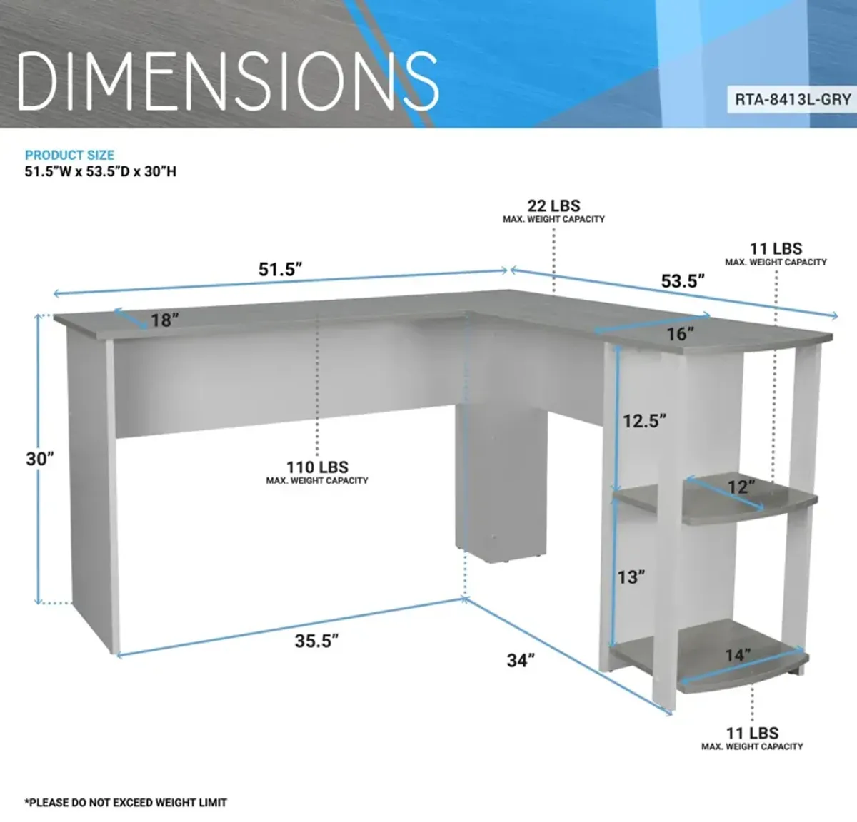 Modern L-Shaped Desk with Side Shelves, Grey