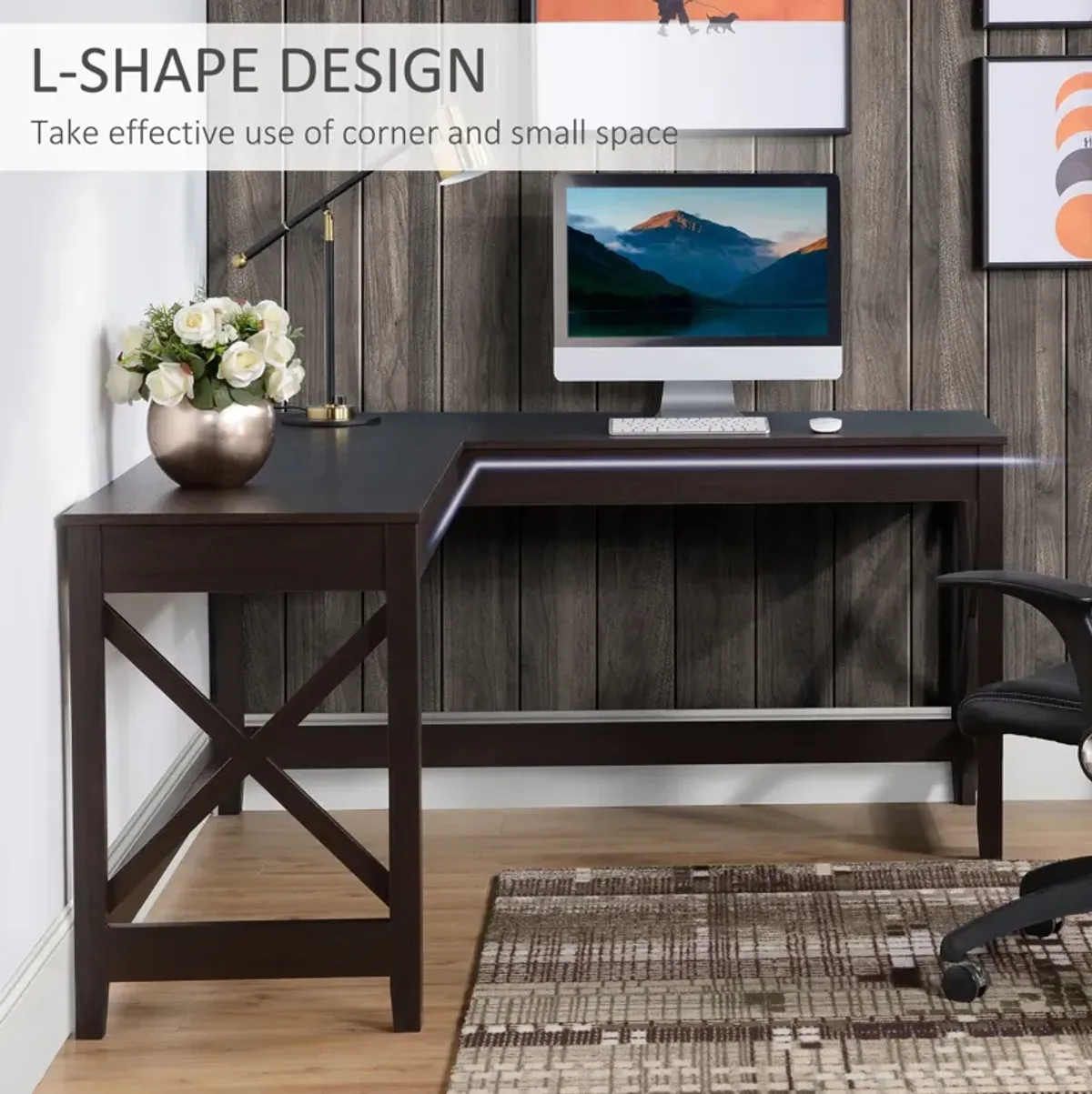 Brown Workspace: 57" L-Shaped Corner Home Office Desk