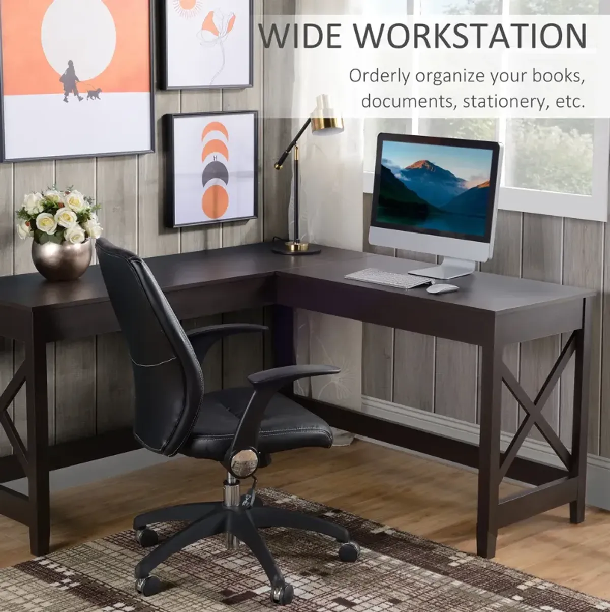 Brown Workspace: 57" L-Shaped Corner Home Office Desk