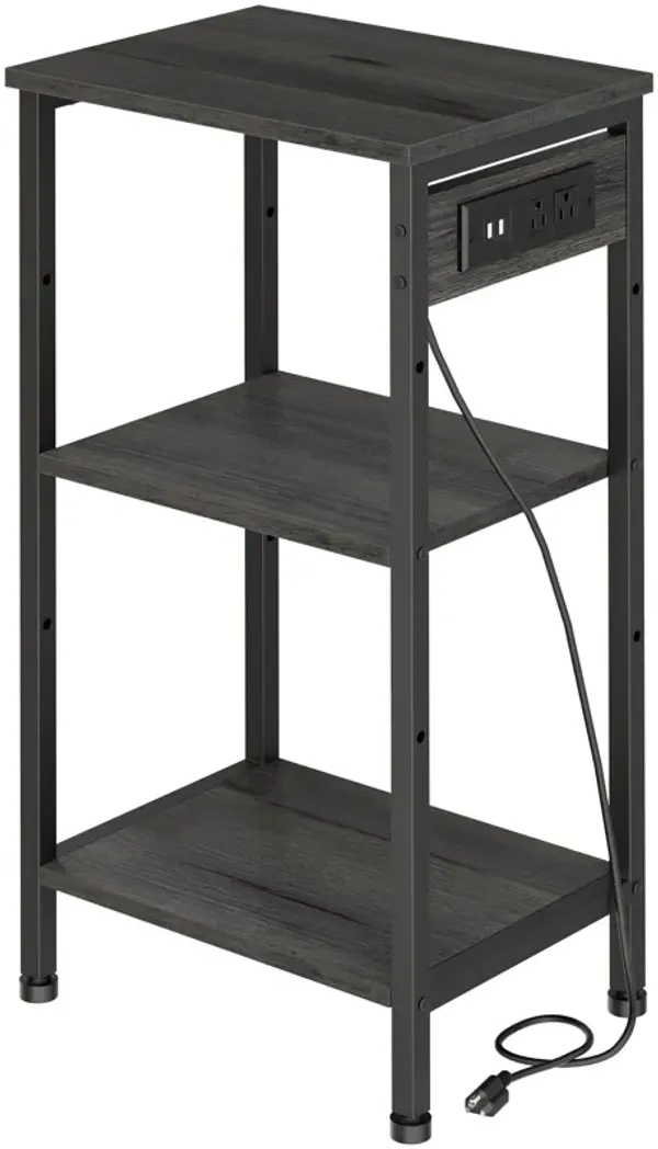 Asgolion Tall End Table with Charging Station, 3 Tier Narrow Beside Table with Adjustable Shelf, Tall Gray Side Table Nightstand