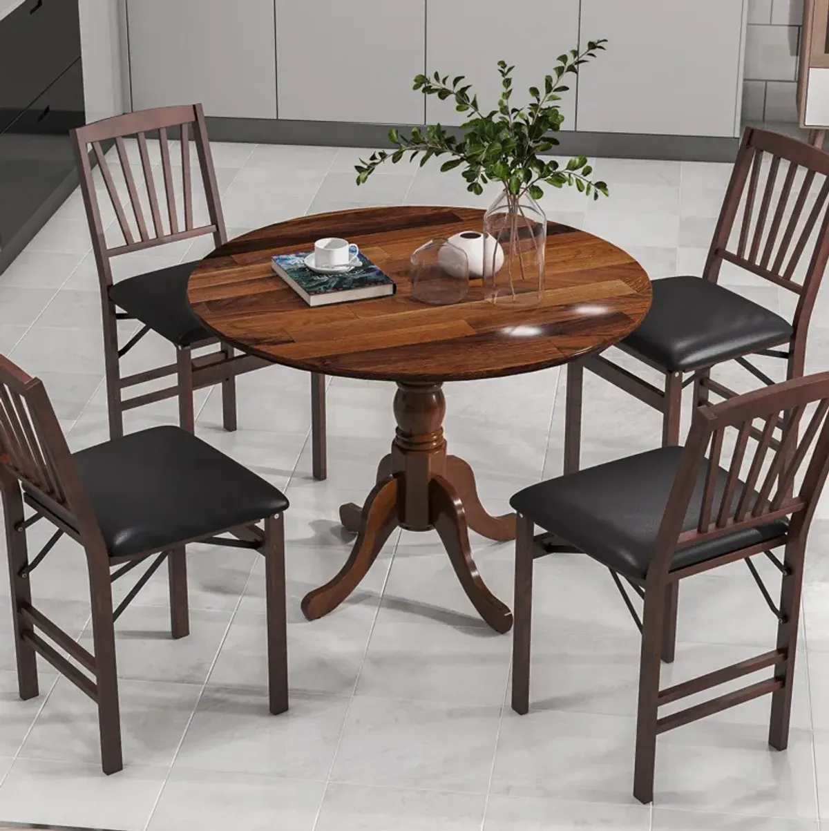 Wooden Dining Table with Round Tabletop and Curved Trestle Legs