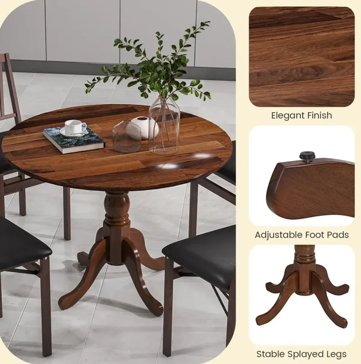 Wooden Dining Table with Round Tabletop and Curved Trestle Legs