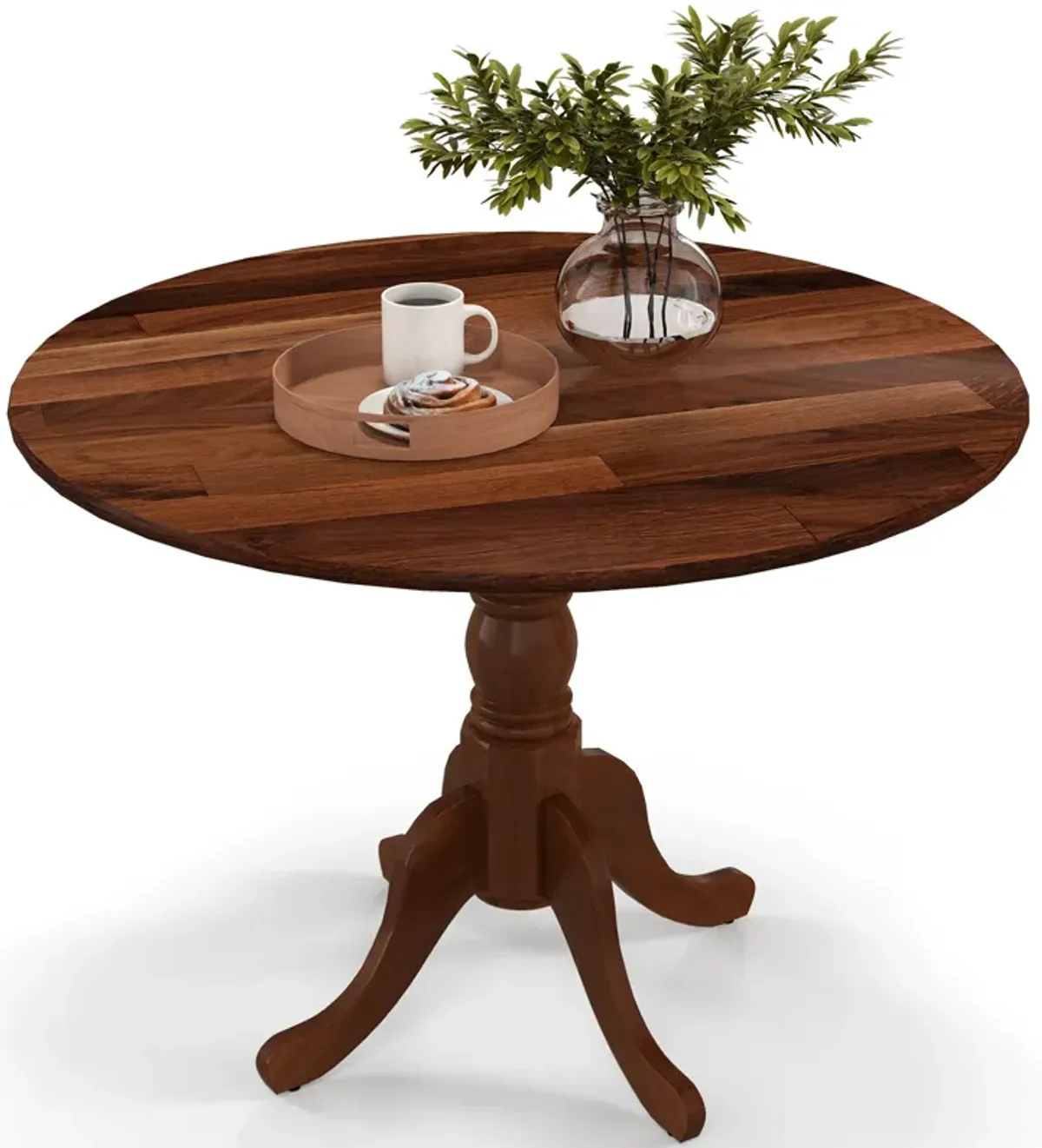 Wooden Dining Table with Round Tabletop and Curved Trestle Legs