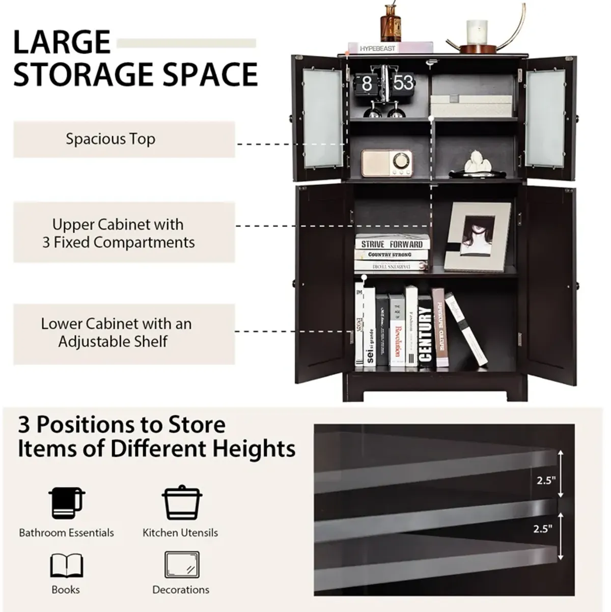 Costway Bathroom Floor Storage Cabinet Kitchen Cupboard w/Doors&Adjustable Shelf Brown