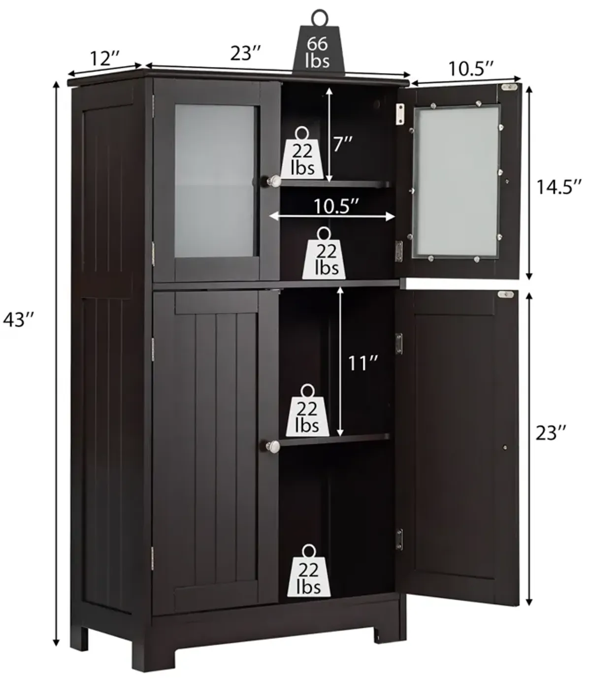 Costway Bathroom Floor Storage Cabinet Kitchen Cupboard w/Doors&Adjustable Shelf Brown