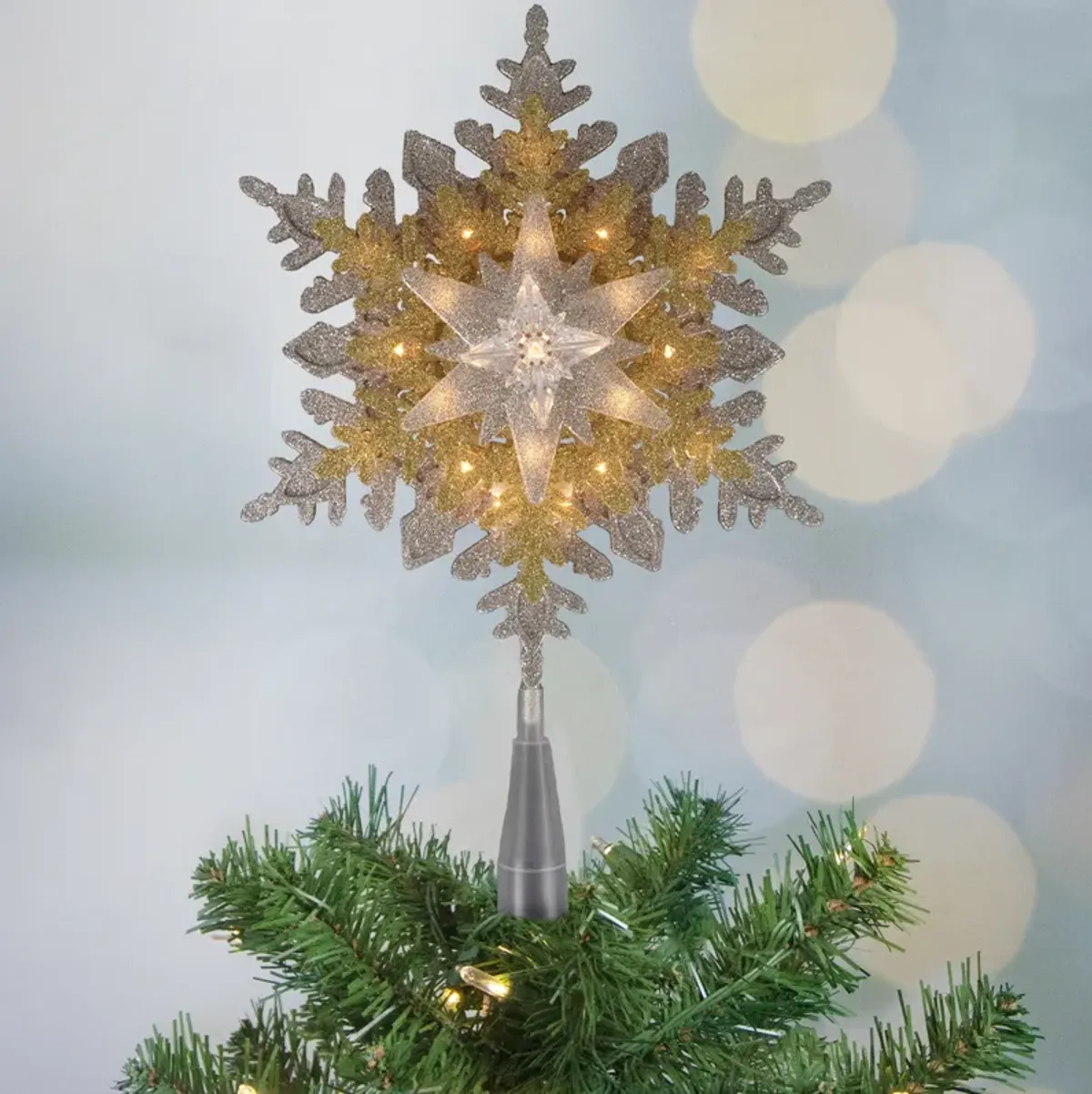 13.75" Lighted Gold and Silver Snowflake Christmas Tree Topper  Clear Lights