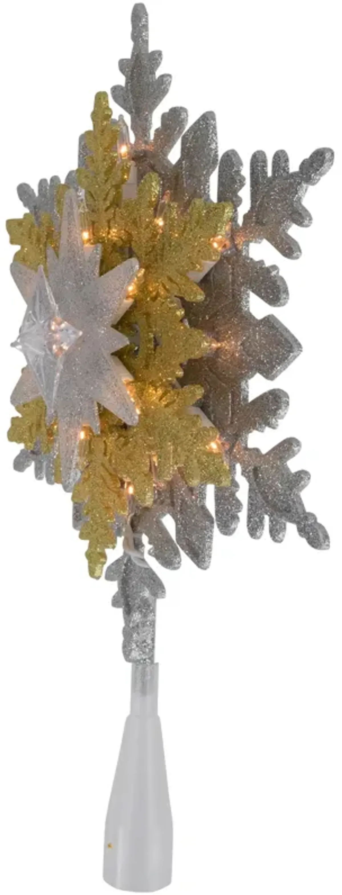 13.75" Lighted Gold and Silver Snowflake Christmas Tree Topper  Clear Lights