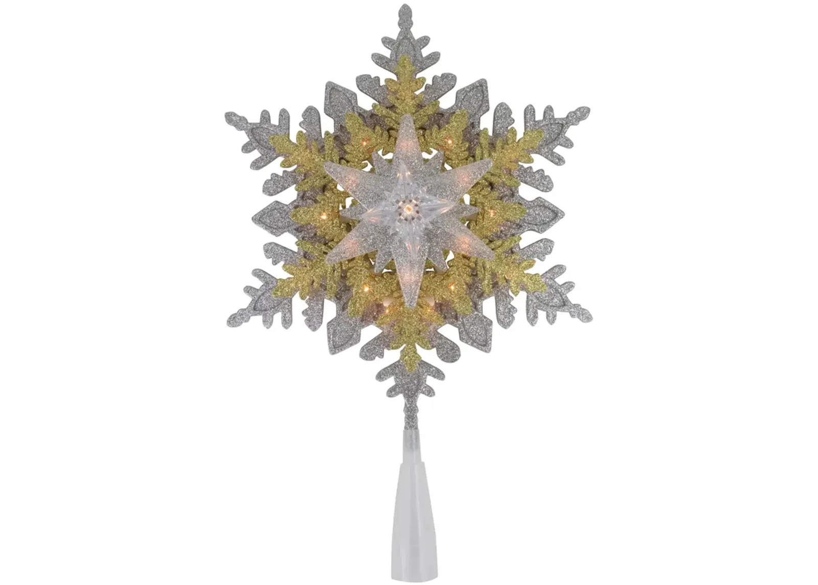 13.75" Lighted Gold and Silver Snowflake Christmas Tree Topper  Clear Lights