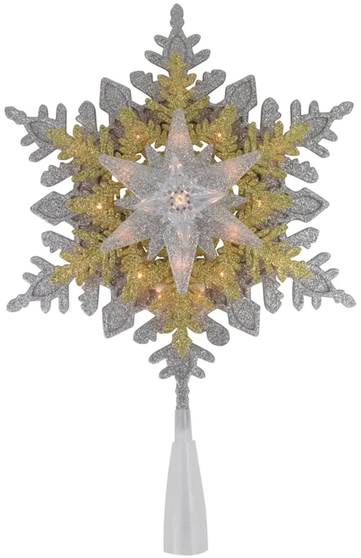 13.75" Lighted Gold and Silver Snowflake Christmas Tree Topper  Clear Lights