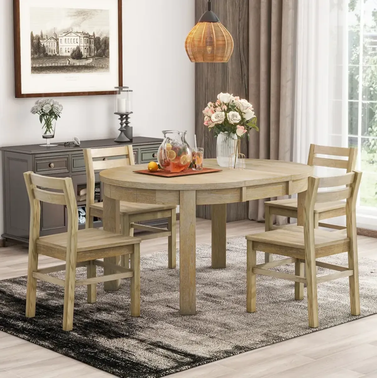 Merax Farmhouse 5-Piece Extendable Dining Table  Chairs Set