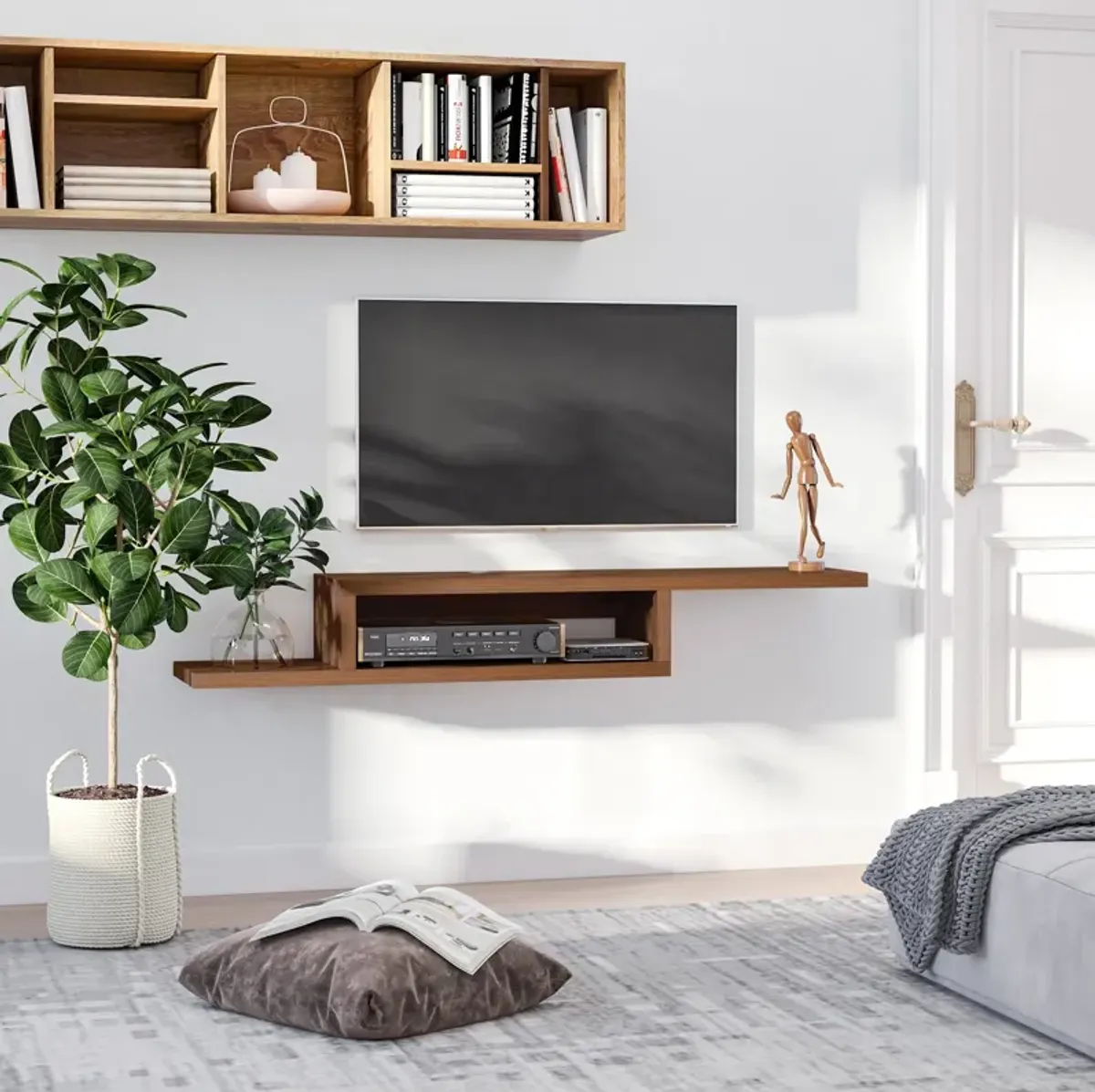 Walnut Media Center: Floating Wall-Mounted Entertainment Console